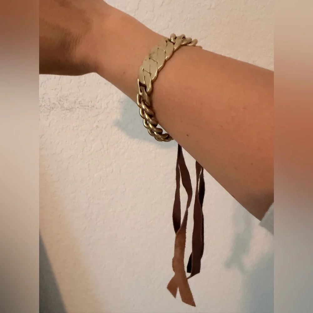 Kenneth Cole Brown Leather Bracelet | Gold Chain Detail Adjustable Cuff